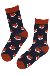 Хлопковые носки тёмно-синего цвета с изображением милых лисьих мордочек коричневого цвета BROWN FOX | Sokisahtel