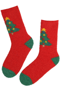 Тёплые мягкие носки красного цвета с нарядной праздничной елью BUDAPEST | Sokisahtel