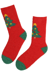 Red Christmas-themed socks with a green Christmas tree and toe. Warm and soft.