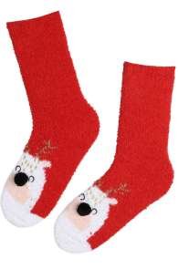 Red, soft, warm Christmas socks with snowman face design on the lower part