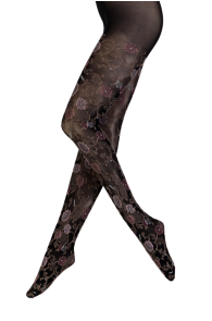 Black floral patterned tights, appear sheer and stretchable.