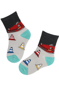 Light grey children's socks featuring car and traffic sign patterns.