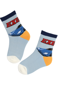 Light blue children's socks with cars and 'EX!' text, featuring reinforced heels.
