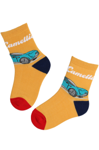 Yellow children's socks with car patterns, red heels, and blue toes.