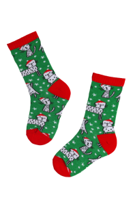 Green children's socks with CAT CITY design featuring cats and snowflakes, red toes and heels.