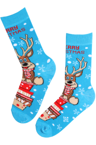 Light blue cotton Christmas socks with reindeer and 'Merry Christmas' text.