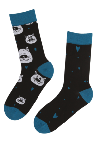 Разнопарные носки сине-чёрного цвета с изображением кошек и сердечек на День друга COUPLE | Sokisahtel
