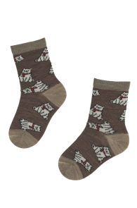 Детские носки коричневого цвета из мериносовой шерсти с изображением милых белых мишек CUTE BEAR | Sokisahtel