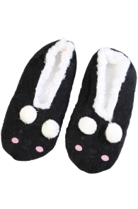 Black soft slippers decorated with three white pom-poms and two pink dots, white lining inside.