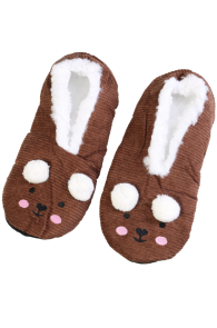 Brown soft slippers with dog face design and white lining.