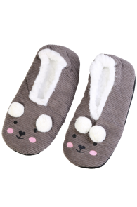 Grey soft slippers with a face design, featuring white and pink details and a white lining.