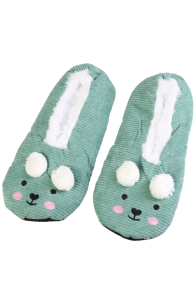 Soft green slippers with white furry lining and bunny face design on top.