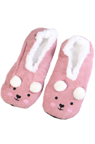Pink soft slippers featuring a bunny face design, with white lining.