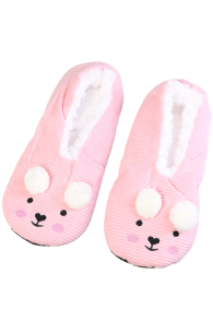 Light pink soft slippers with a bunny design, featuring white ears and face details.