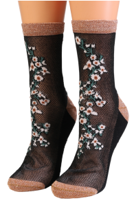 Фантазийные носки чёрного цвета с блеском и цветочным узором DAISY | Sokisahtel