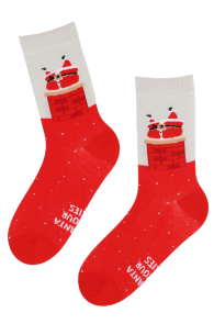 Red and white cotton Christmas socks featuring an image of Santa Claus stepping out of a chimney and the text 'DEAR SANTA' on the sock leg.