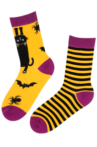 Yellow cotton socks with black cat, spiders, bats, and stripes, suitable for Halloween.