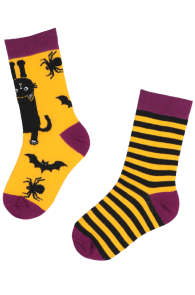 Children's Halloween socks with a black cat and stripes. One sock features a black cat and spiders, the other has yellow and dark purple stripes.