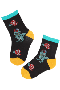 Black cotton socks for children with dinosaur pattern, featuring turquoise and yellow details.