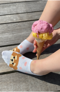 Хлопковые укороченные (спортивные) носки голубого цвета в розовый горошек c мордочкой мишки DOTTIE | Sokisahtel