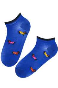 Хлопковые укороченные (спортивные) носки синего цвета c собаками породы такса DOXIE | Sokisahtel