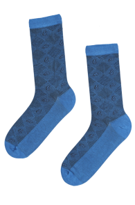 Blue dress socks with pattern.