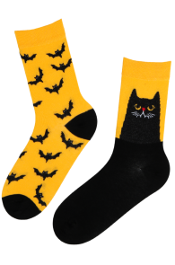 Хлопковые носки чёрно-жёлтого цвета на Хэллоуин с изображением демонического кота EVIL CAT | Sokisahtel