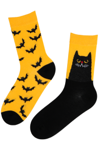 Men's over-the-knee black socks with a cat and bats design on the front, perfect for Halloween.