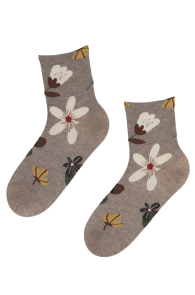 Хлопковые носки серо-бежевого цвета с тканым цветочным узором в осенних оттенках FLORET | Sokisahtel