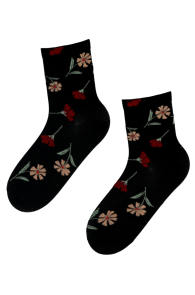 Хлопковые носки чёрного цвета с тканым цветочным узором в ярких оттенках FLORET | Sokisahtel