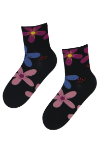 Хлопковые носки тёмно-синего цвета с тканым цветочным узором в ярких лиловых оттенках FLORET | Sokisahtel