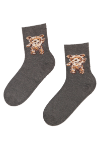 Женские тёплые пушистые носки серо-коричневого цвета с изображением плюшевого медвежонка FLUFFY | Sokisahtel