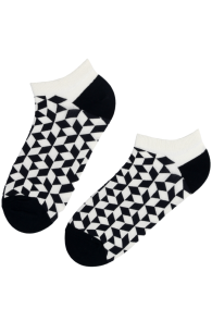 Укороченные хлопковые носки чёрно-белого цвета с узором в виде геометрических фигур FRANK | Sokisahtel