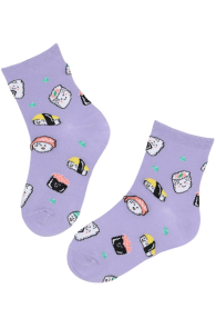 Хлопковые детские носки сиреневого цвета с позитивными суши FRUIT | Sokisahtel