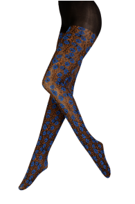 Женские фантазийные колготки черного цвета с цветочным узором в сине-жёлтых тонах GIA | Sokisahtel