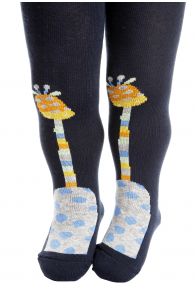 Navy blue baby tights with colorful giraffe design, featuring cotton socks.