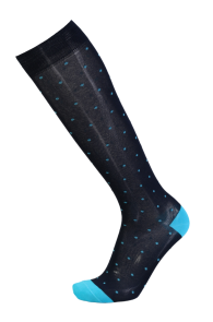 Dark blue men's knee-high socks with blue dots and reinforced heel.