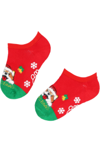Детские хлопковые укороченные носочки красно-зелёного цвета с нескользящей подошвой и собачкой GUMMY | Sokisahtel