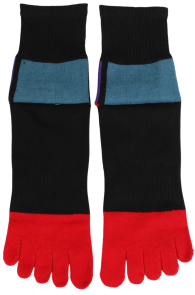 Black men's toe socks with individual toe compartments, featuring red and blue details