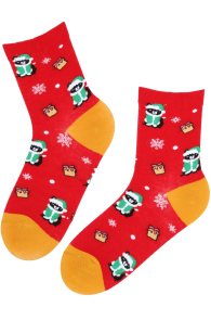 red Christmas socks with cat and snowflake patterns, yellow toe and heel areas