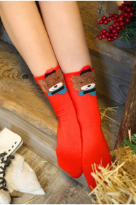 Red cotton Christmas socks featuring a bear motif.