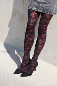 Black 60DEN women's tights with dark red rose patterns, paired with pointed-toe shoes.