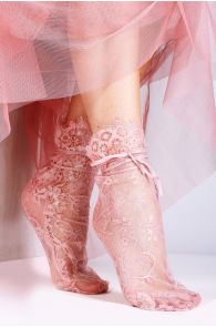 Женские элегантные кружевные носки розового цвета с атласной лентой JANELI | Sokisahtel