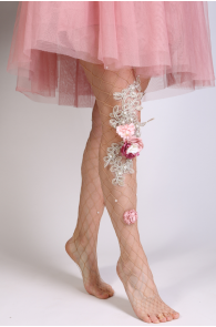 JEANNE romantic beige fishnet tights with flowers | Sokisahtel