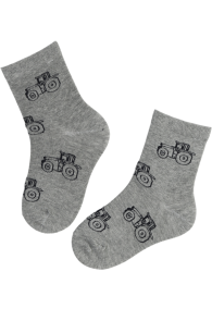 Gray children's socks with tractor pattern.