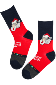 JENSEN dark blue men's socks with Santa Claus and "Merry Christmas" text.