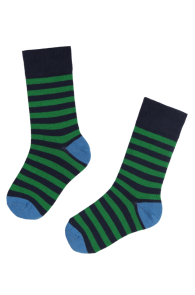 Детские хлопковые носки тёмно-синего цвета в зелёную полоску JOEL | Sokisahtel