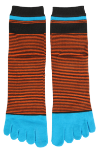 Men's orange striped toe socks, appear soft and comfortable