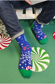 Blue cotton socks with a Christmas-themed design featuring snow and candy patterns.