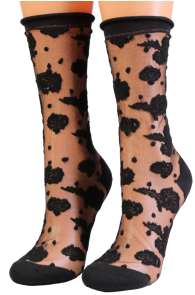 Фантазийные носки чёрного цвета с тюлевой вставкой и цветочным узором KATHERINE | Sokisahtel